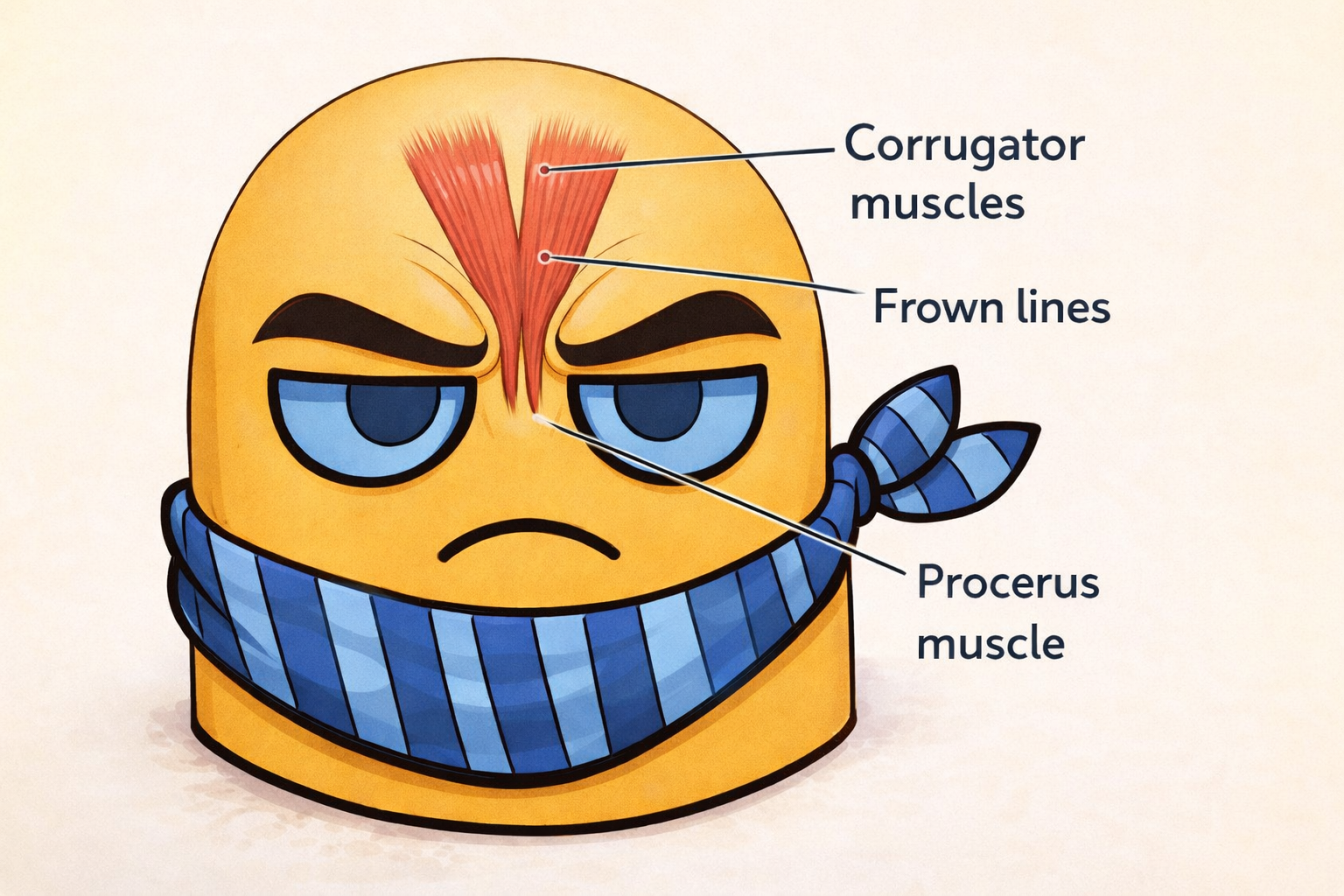 Facial muscle diagram showing Frontalis, Corrugator Supercilii, and Procerus muscles